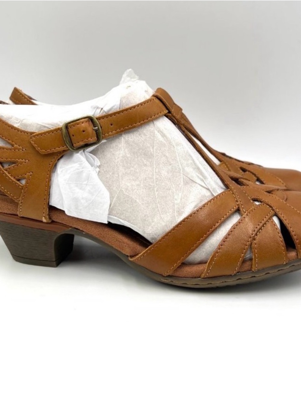 Cobb Hill Womens Aubrey Cognac Brown Leather T-Strap Low Block Heels Pumps Shoes